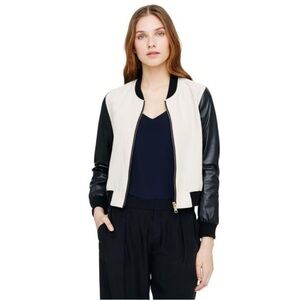 Club Monaco hayley leather linen full zip bomber jacket tan black size SM